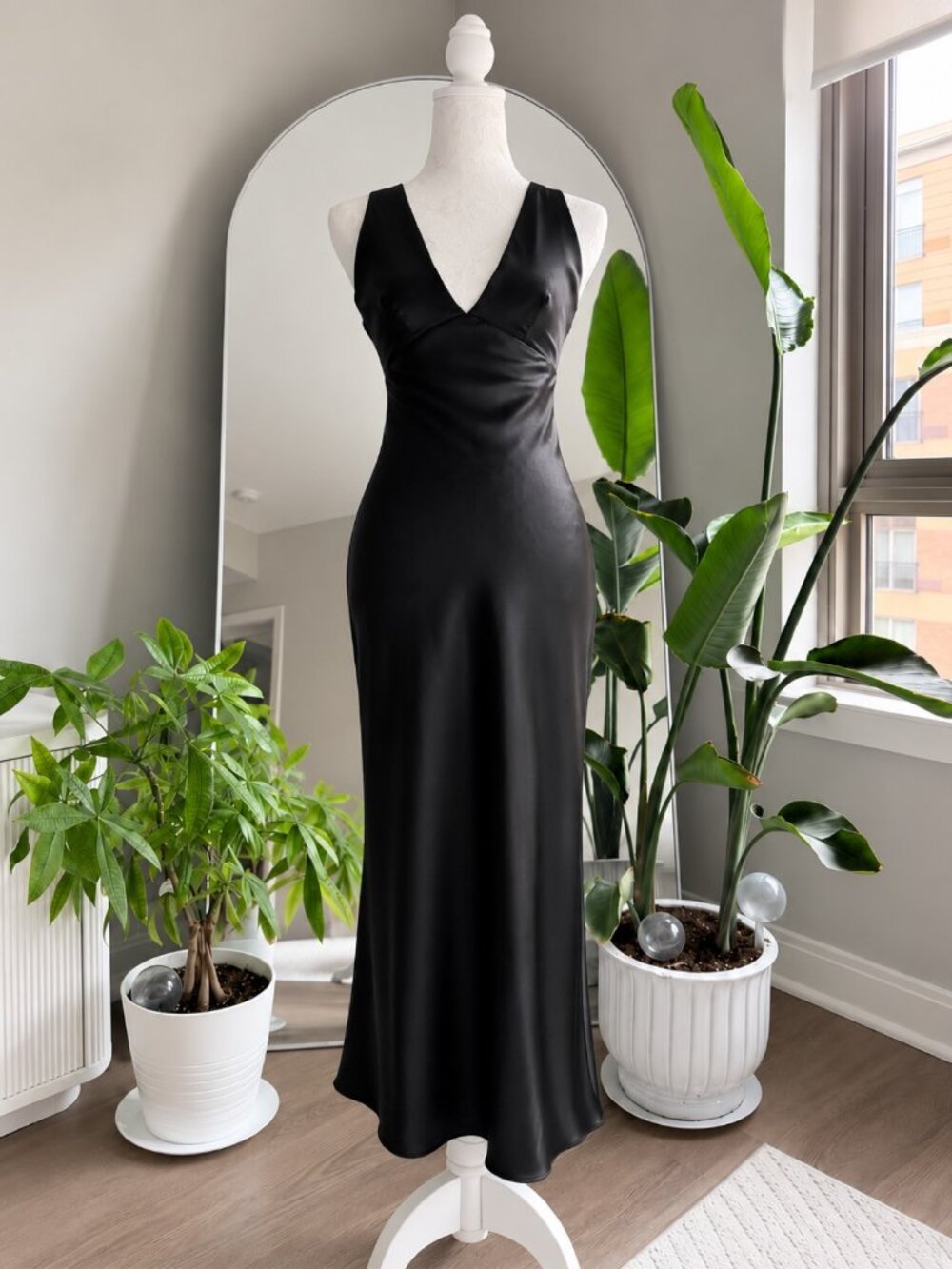 Zara Black Satin Slip Midi Dress Size XS V-Neck Cross Back
